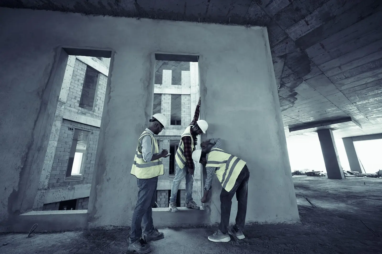Trois ouvriers en casque et gilet jaune mesurent l'ouverture d'une fenêtre dans un gros œuvre en béton brut.